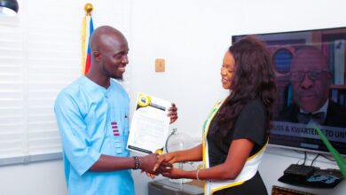 NATIONAL SPOKESMAN OF IYC RECEIVED IN AUDIENCE, MISS NOLLYWOOD INTERNATIONAL QUEEN KARINA SIMON PORIPO IN HIS OFFICE.
