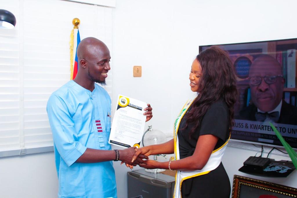 NATIONAL SPOKESMAN OF IYC RECEIVED IN AUDIENCE, MISS NOLLYWOOD INTERNATIONAL QUEEN KARINA SIMON PORIPO IN HIS OFFICE.