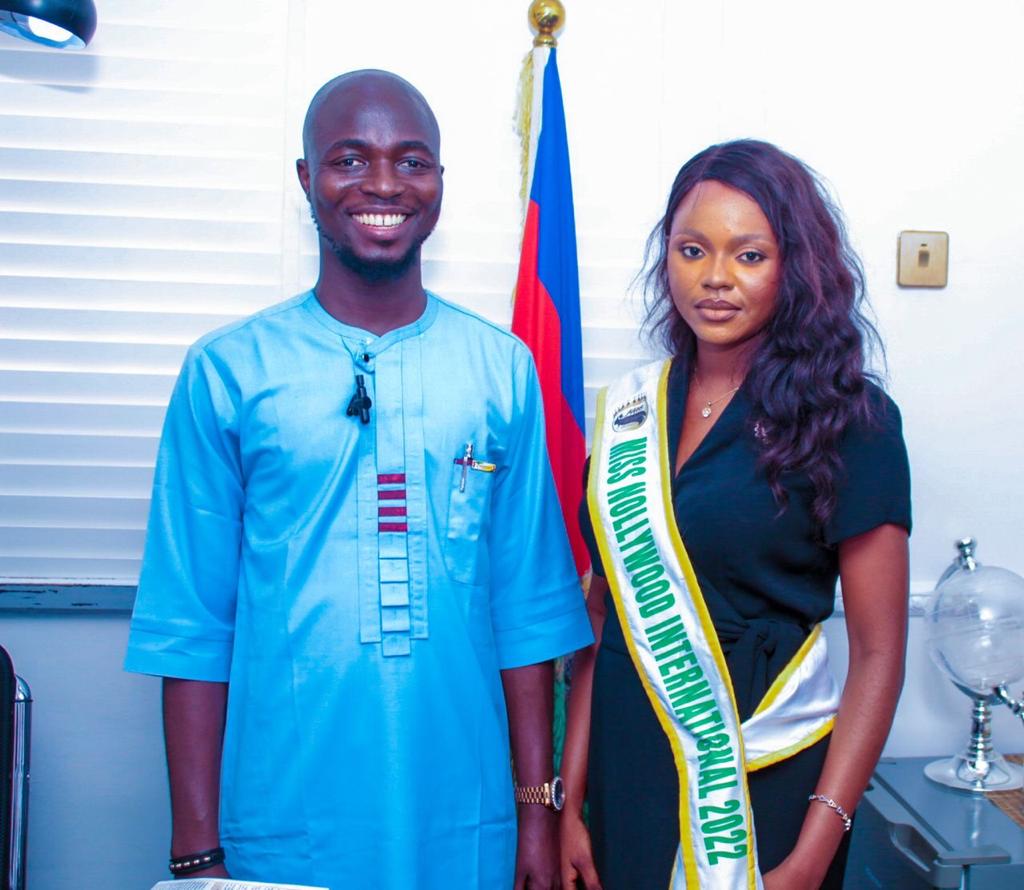 NATIONAL SPOKESMAN OF IYC RECEIVED IN AUDIENCE, MISS NOLLYWOOD INTERNATIONAL QUEEN KARINA SIMON PORIPO IN HIS OFFICE.