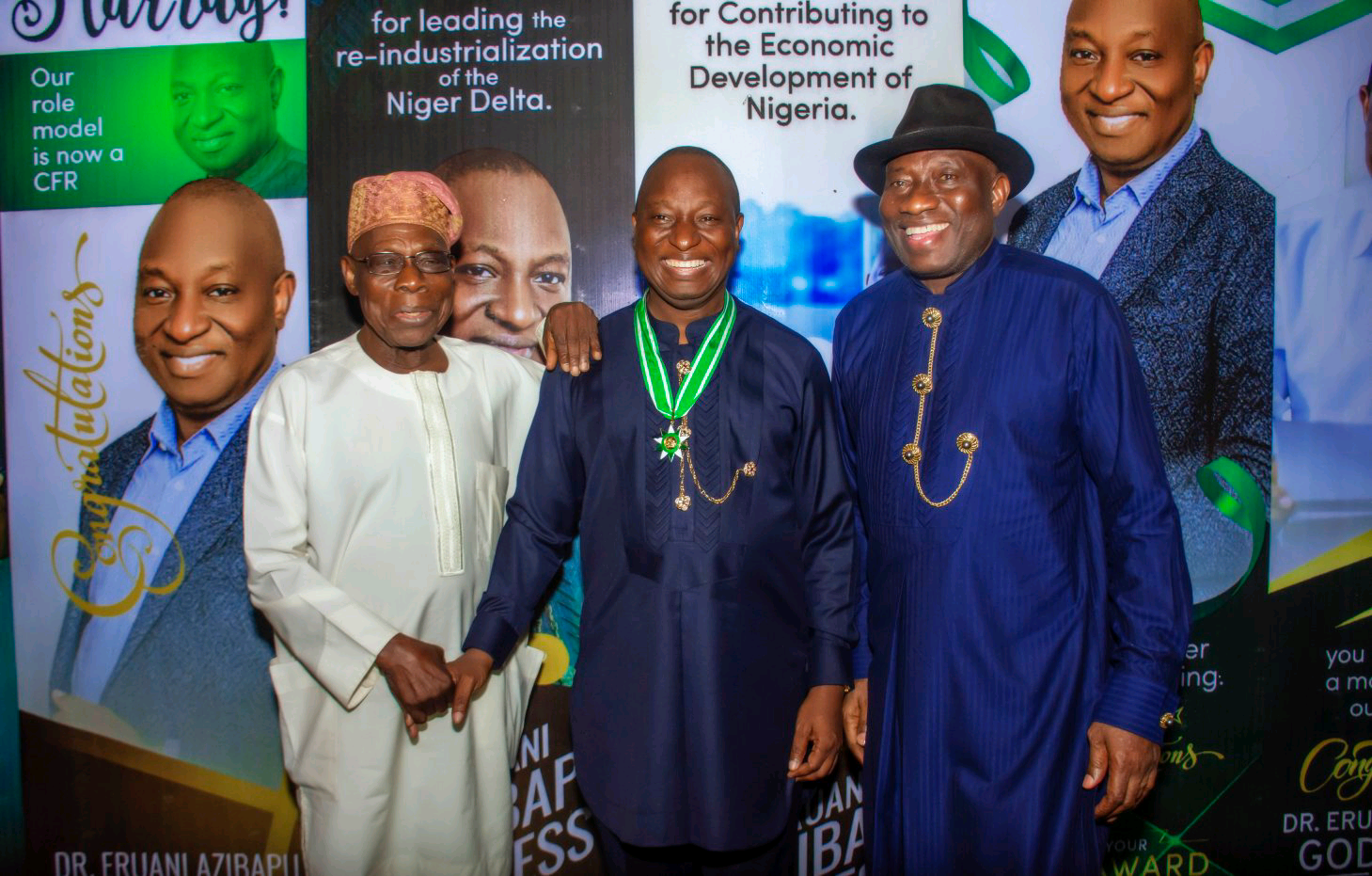 The Group President, Azikel Refinery, Dr. Eruani Azibapu Godbless receives a National Honorary Award as “Commander of the Order of the Federal Republic (CFR)” from President Muhammadu Buhari at the International Conference Centre, Abuja.