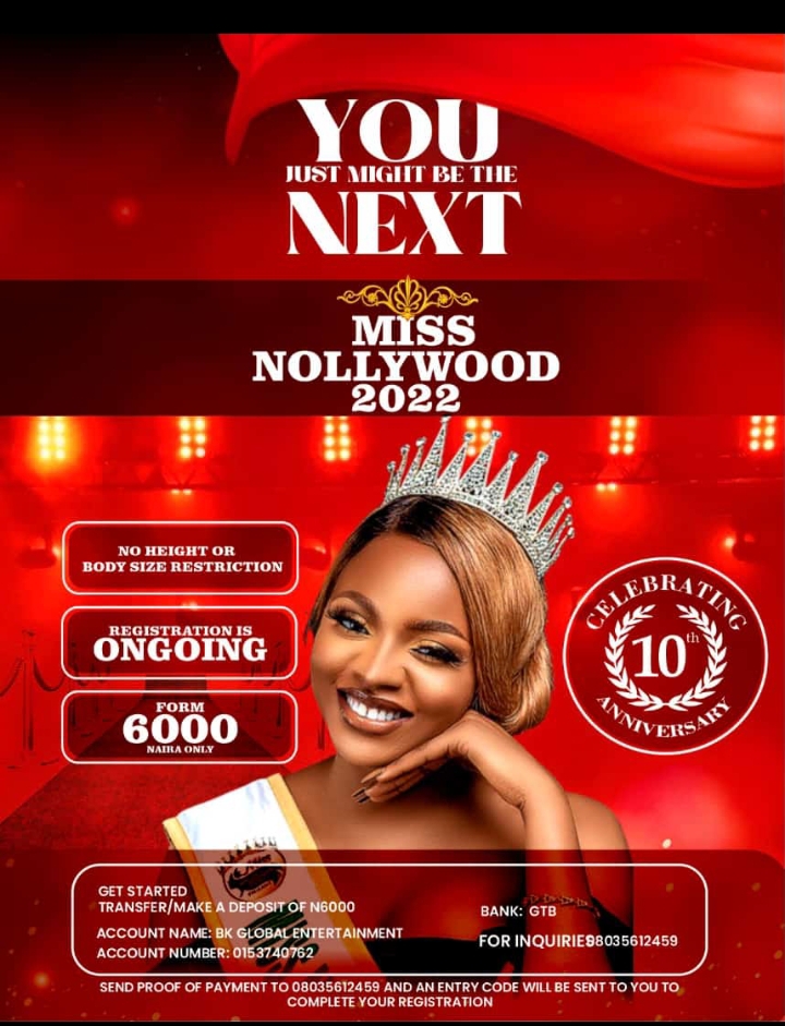 Miss Nollywood beauty pageant commences sales of forms for 10th Edition.