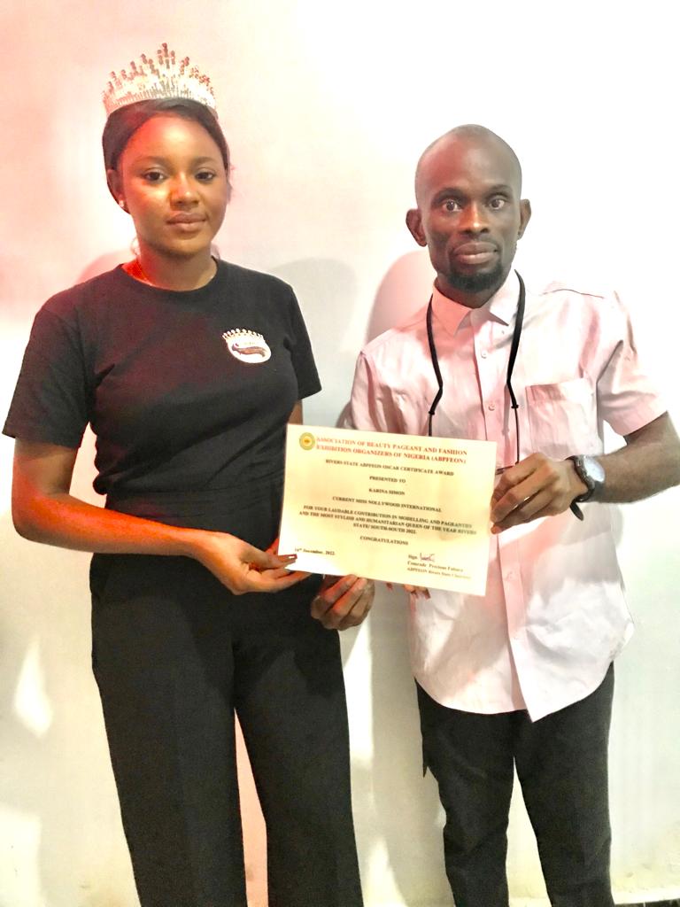 Association of Beauty Pageant And Fashion Exhibition (ABPFEON) Honours Current Miss Nollywood international 2022 Queen Karina Simon Poripo for Selfless Service to Humanity.