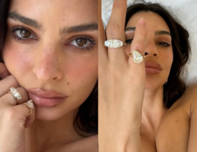 Model Emily Ratajkowski shows off her divorce rings which was created by splitting her engagement rings into two following split from ex-husband