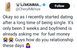 My boyfriend of 3 weeks is already asking me for fuel money – South African woman says
