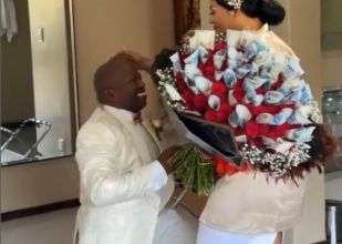 Husband thanks first wife with a money bouquet for allowing him marry a second wife