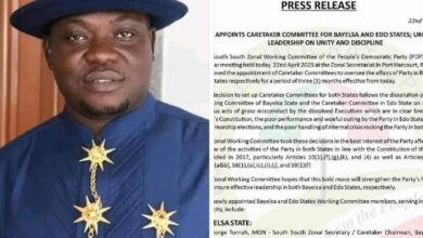 BREAKING NEWS: PDP APPOINTS GEORGE TURNAH AS ACTING  CHAIRMAN  BAYELSA STATE, URGES NEW LEADERSHIP ON UNITY AND DISCIPLINE