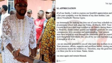 Late Chief Paul Okechukwu Athur-Ugwa Family Appreciates the General Public for the support towards the successful Burial Ceremony of there beloved Mother.
