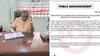 BREAKING NEWS:  DISSOLUTION OF COMMITTEES AND POLITICAL/MANAGEMENT APPOINTEES IN BAYELSA STATE PDP BY ACTING CHAIRMAN BARR. GEORGE TURNAH