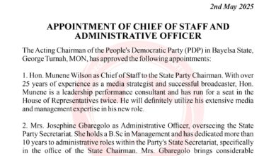 APPOINTMENT OF CHIEF OF STAFF AND ADMINISTRATIVE OFFICER PDP BAYELSA STATE  BY BARR. GEORGE TURNAH