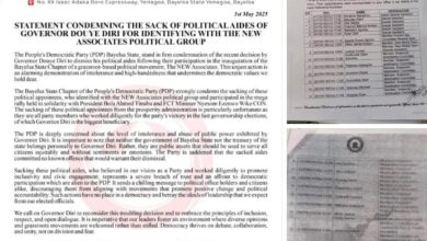 Statement Condemning the Sack of Political Aides of Governor Douye Diri for identifying with the NEW Associates Political Group