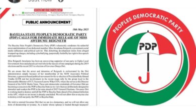 Bayelsa State People’s Democratic Party (PDP) Calls for Immediate Release of Miss Awudumu Reigneth