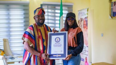 World Guinness Record Holder for Longest Catwalk, Ms. Ololade — a JPTS/ISQ Graduand — Visits Prof. Chris Imumolen*