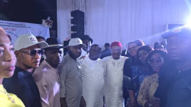 Members of the Bayelsa State Chapter Caretaker Working Committee of the PDP in a group photograph with the National Secretary of the Party Sen. Samuel Anyanwu in Owerri, Imo State today during the 60th birthday celebration of the National Secretary