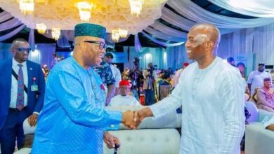 PHOTO NEWS: Former Bayelsa State Governor-elect, Chief David Lyon, exchanging pleasantries with Senate President Godswill Akpabio at the just concluded APC South South stakeholders meeting held in Benin, Edo State.