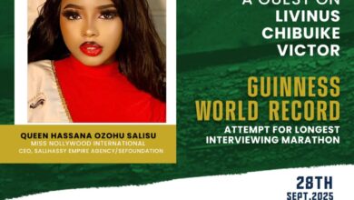 MISS NOLLYWOOD TO BE INTERVIEWED AT THE GUINNESS WORLD RECORD BREAKER OF LIVINUS CHIBUIKE VICTOR
