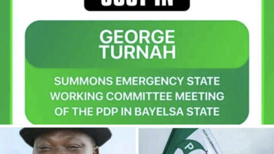 ACTING CHAIRMAN OF THE PEOPLE’S DEMOCRATIC PARTY (PDP) IN BAYELSA STATE GEORGE TURNAH HAS SUMMONED AN EMERGENCY MEETING OF THE STATE WORKING CARETAKER COMMITTEE OF THE PARTY FOLLOWING GOVERNOR DIRI’S RESIGNATION FROM THE PARTY MOMENTS AGO