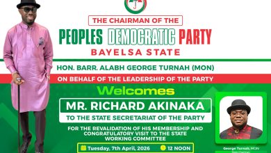 The Bayelsa State chapter of the Peoples Democratic Party (PDP) led by Barr. George Turnah is set to formally welcome renowned Niger Delta businessman, Richard Akinaka The Bayelsa State chapter of the Peoples Democratic Party (PDP) led by Barr. George Turnah is set to formally welcome renowned Niger Delta businessman, Richard Akinaka