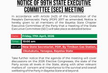 BAYELSA PDP ANNOUNCES 99TH SEC MEETING, SETS AGENDA FOR PARTY REPOSITIONING