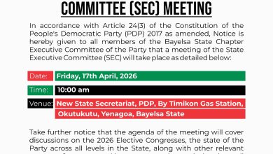 BAYELSA PDP ANNOUNCES 99TH SEC MEETING, SETS AGENDA FOR PARTY REPOSITIONING
