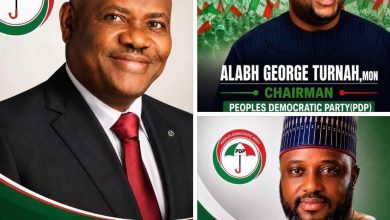 BAYELSA PDP UNVEILS PORTRAITS OF Wike, National Chairman Abdulrahman Mohammed, and State Chairman George Turnah